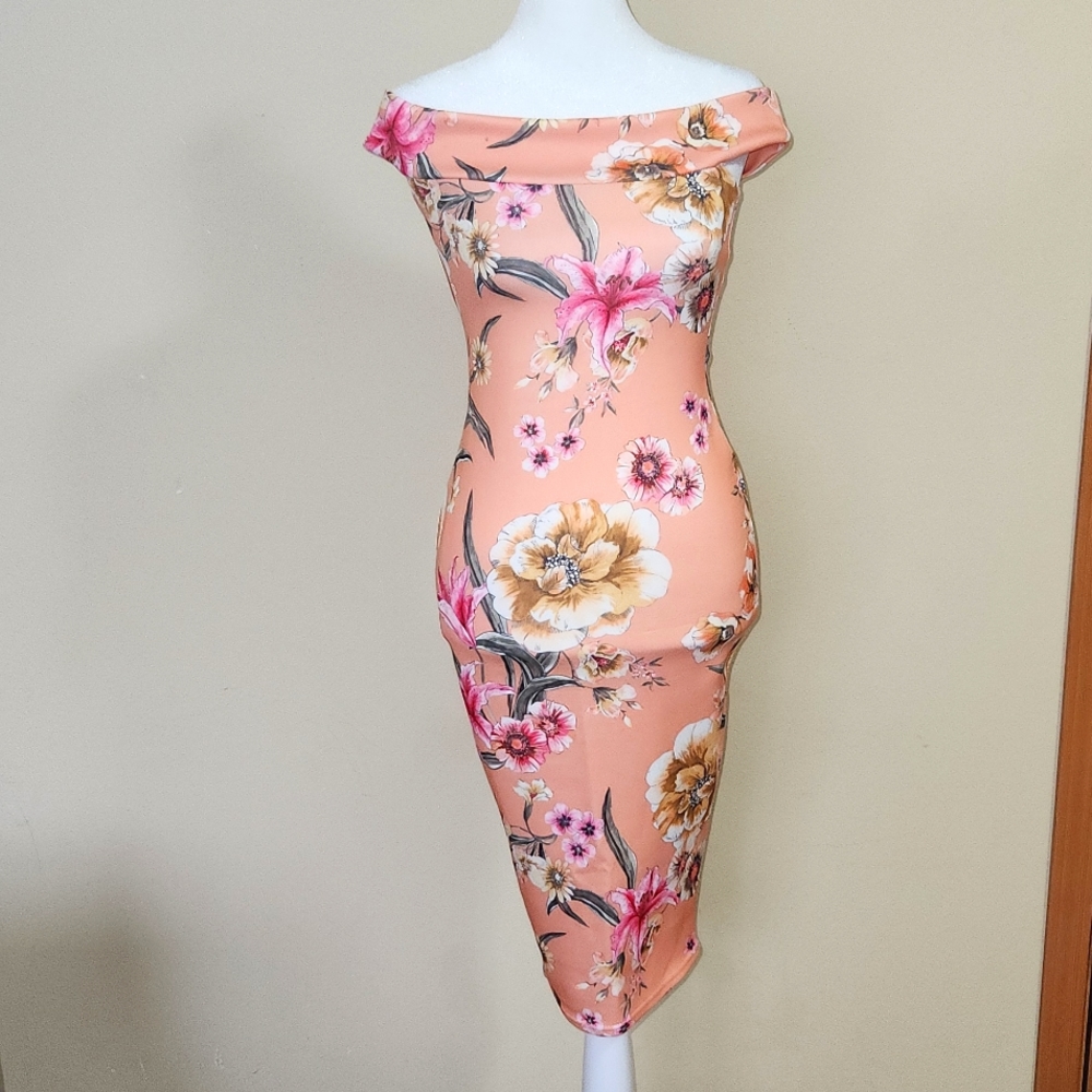 Boohoo Bodycon Floral Off the Shoulder Midi Dress Size US 4